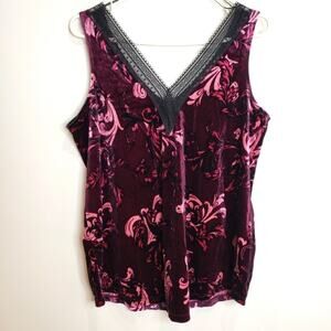 Michel Studio Collection Crushed Velvet Purple w/ Black Lace Trim Tank Top 1X